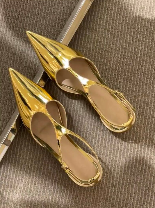 French gold pointed toe flat Mary Jane shoes