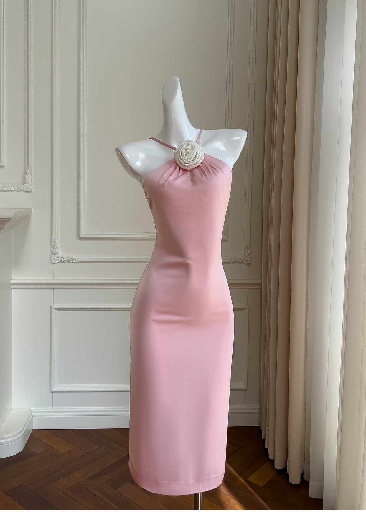 Backless Pink Party Dress Hip Satin Dress