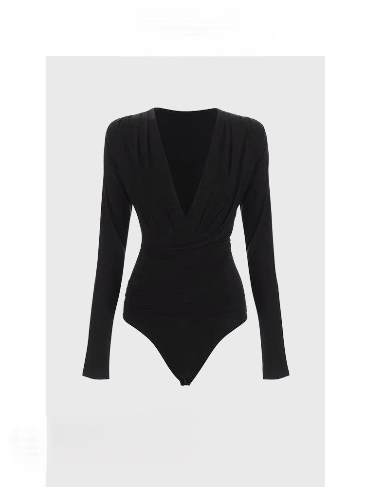 Black jumpsuit American style sexy V-neck bottoming shirt
