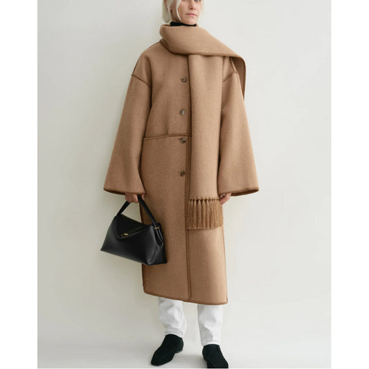 Autumn and winter loose slim camel wool blend embroidered scarf coat
