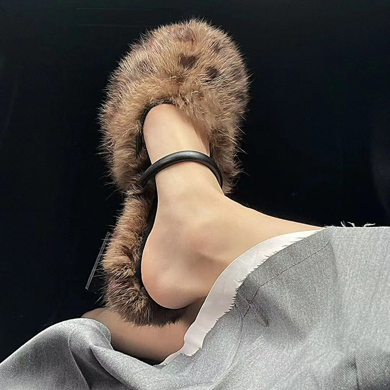Women's leopard print fur half slippers