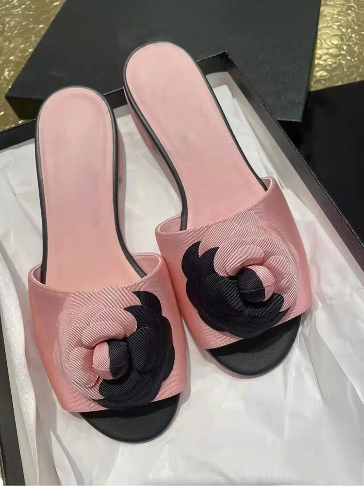 Versatile French lady round toe low heel thick heel women's slippers