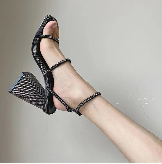 Luxurious rhinestone square toe strappy high heels