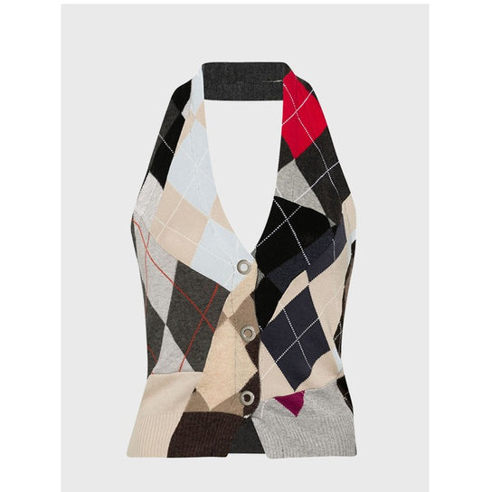 Spliced plaid halter neck strap