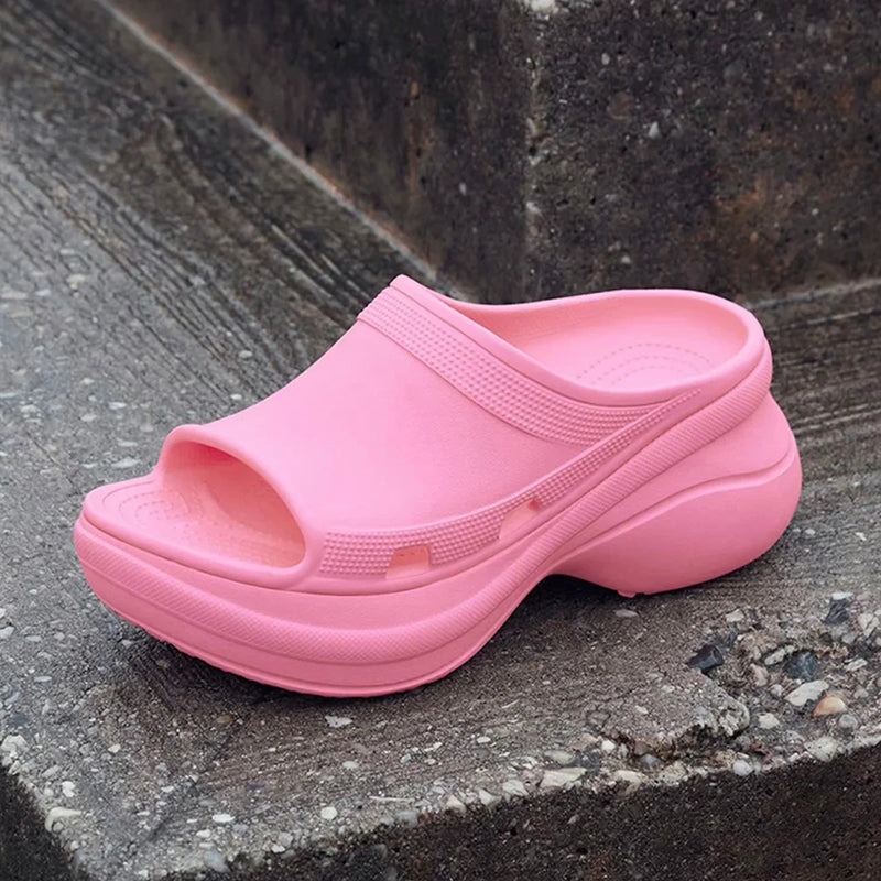 Solid color versatile platform thick-soled open-toe casual slippers