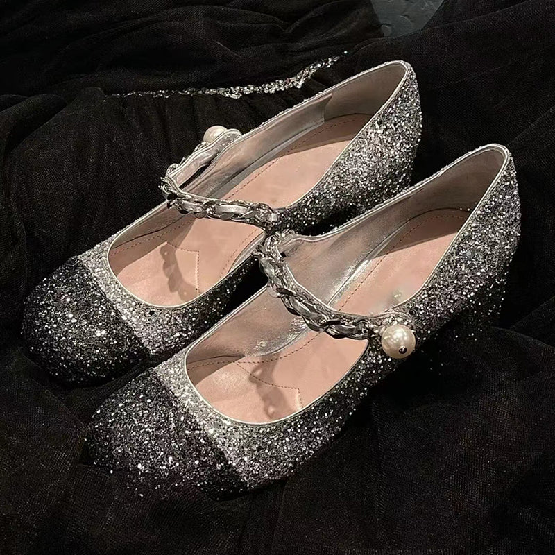 French style contrasting sequined square toe block heels Mary Jane