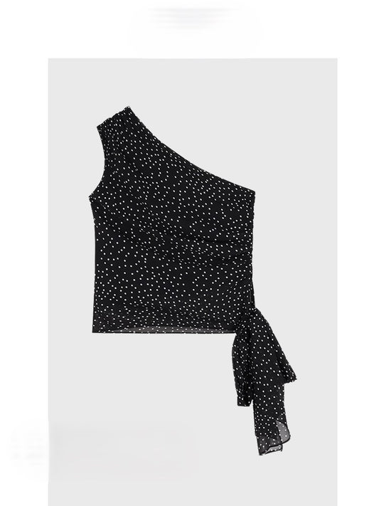 Short black polka dot one-shoulder camisole