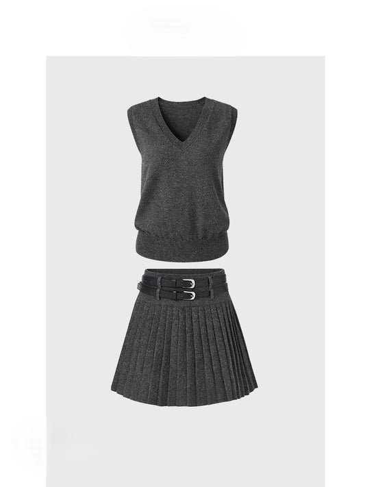 Grey knitted skirt two piece suit