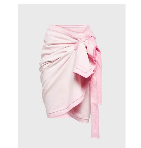 Pink knotted high-waisted skirt, slimming pleated pleated pleated waist-covering hip skirt