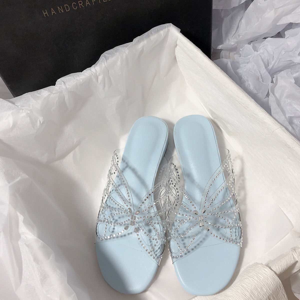 Super Fairy Rhinestone Transparent Butterfly PVC Low Heel Slippers for Women