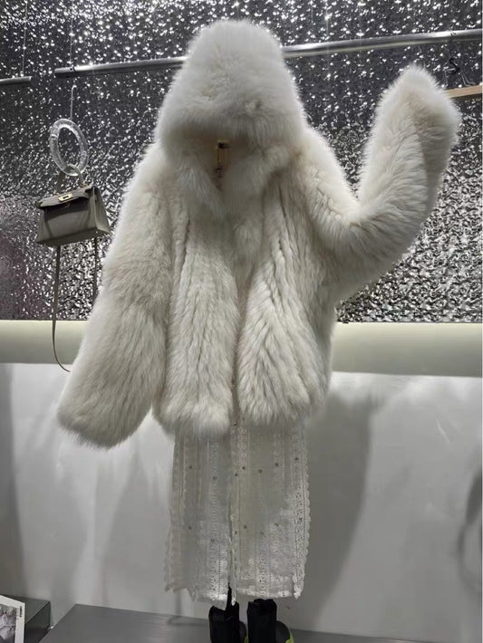 Double-woven fox fur hooded bear mid-length fur coat
