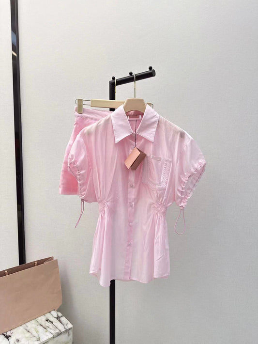 Girly style letter embroidered lapel short-sleeved sun protection shirt and shorts suit