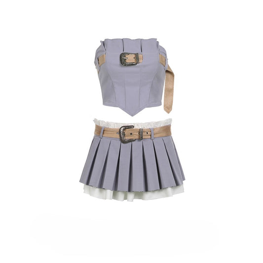 College workwear style tube top vest + double pleated skirt