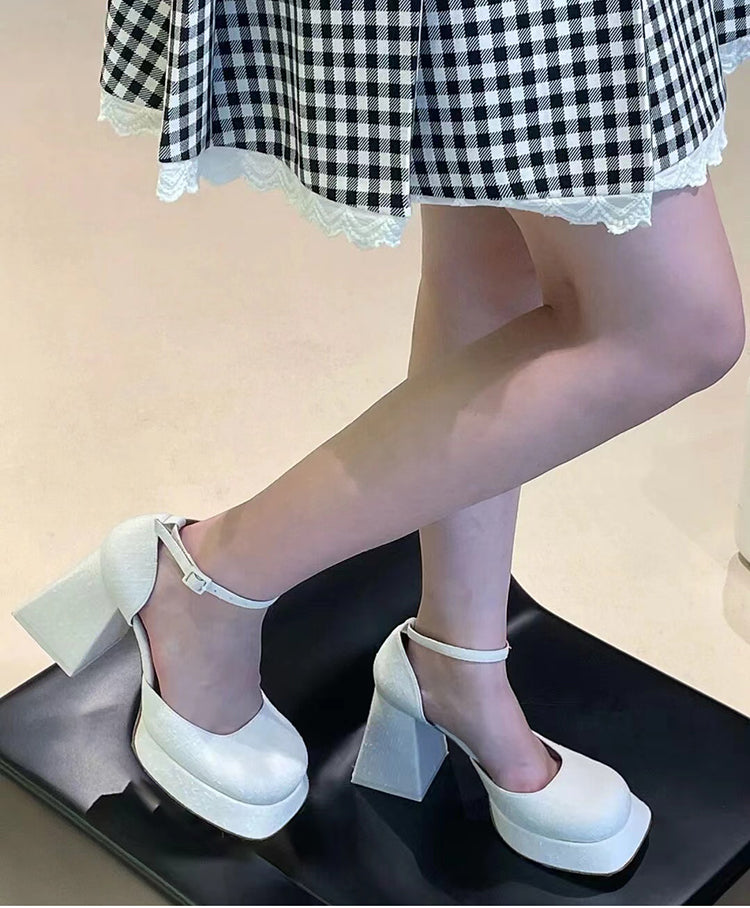 Printed black and white plaid block heel high heel Mary Jane
