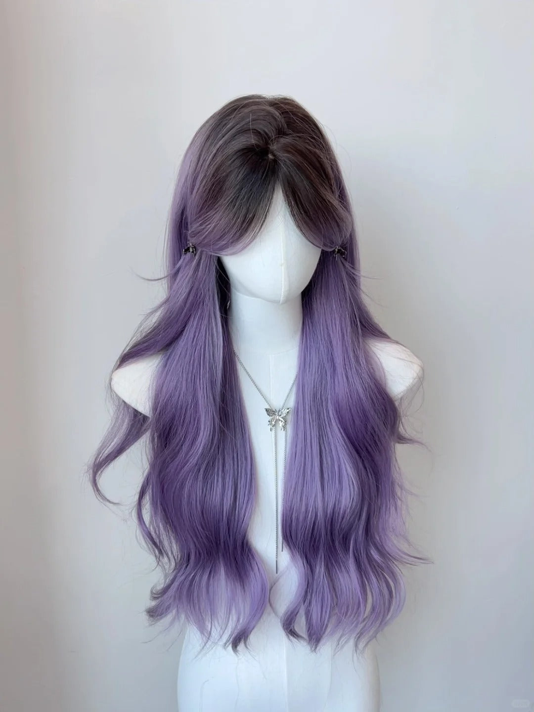 Purple middle-parted gradient long curly hair