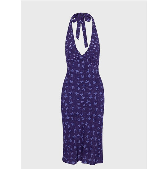 Purple floral halterneck dress sexy backless