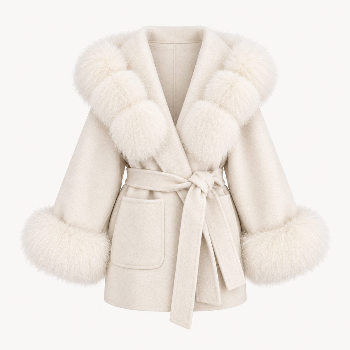 Wool Hooded Coat With Fox Fur Trim - Ivory