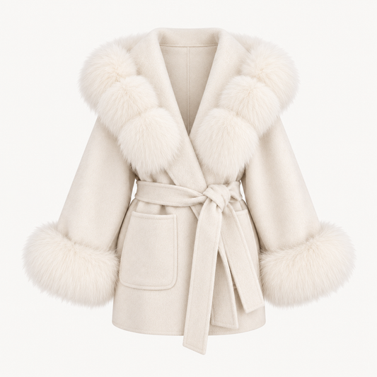 Wool Hooded Coat With Fox Fur Trim - Ivory