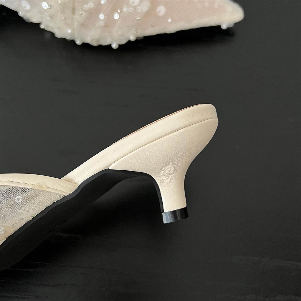 Mesh half slippers sequin pointed toe shoes
