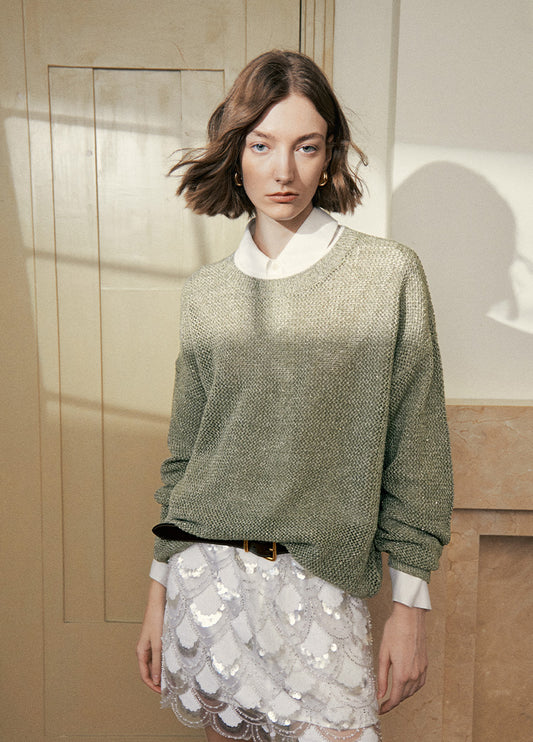 "Diamond Sequins" gold linen cashmere knitted cardigan/vest/suit