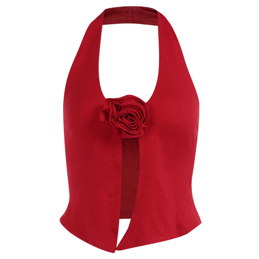 Red three-dimensional flower halter neck tank top