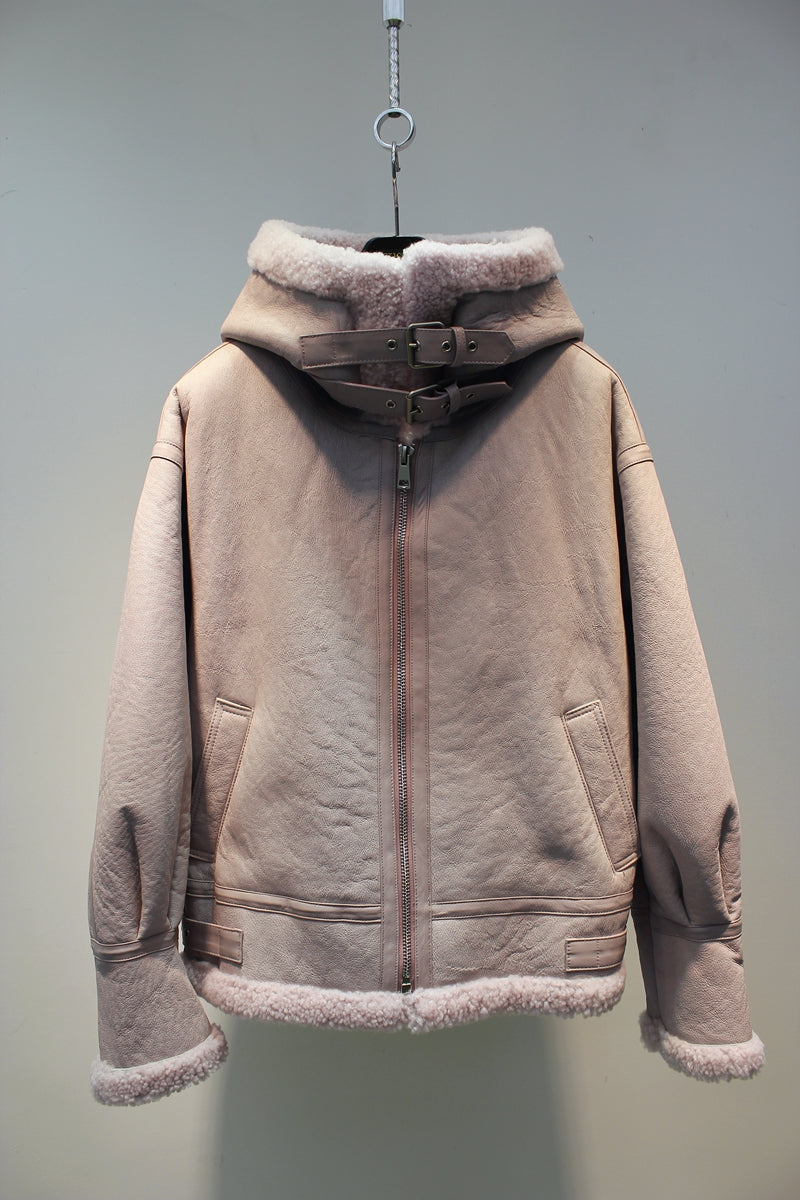 Lmported sheepskin one-piece Korean style hooded flight suit jacket