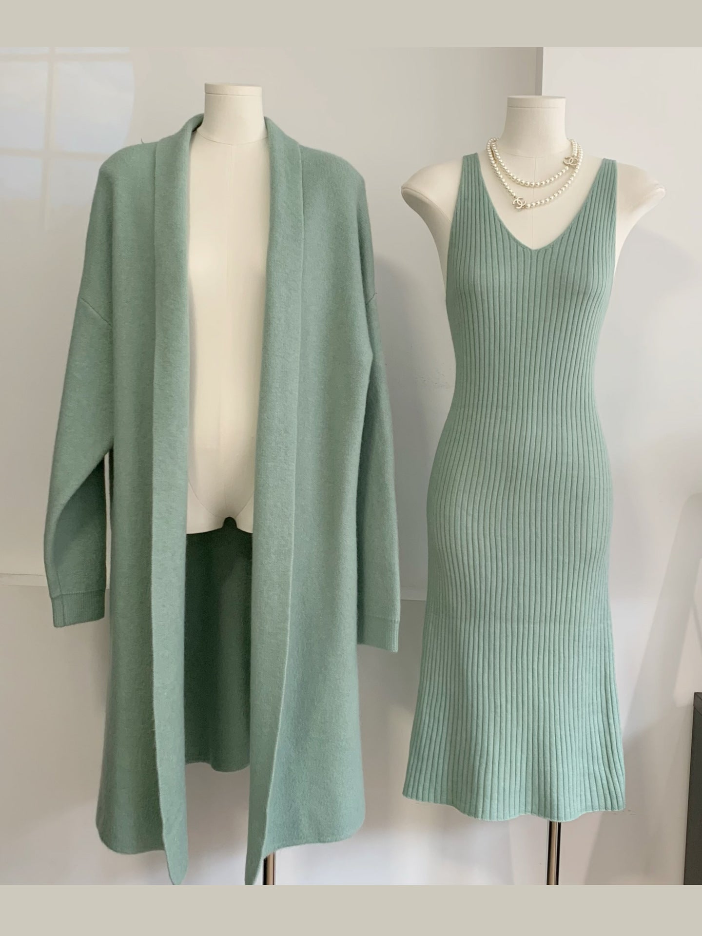 Knitted vest dress + long cardigan coat