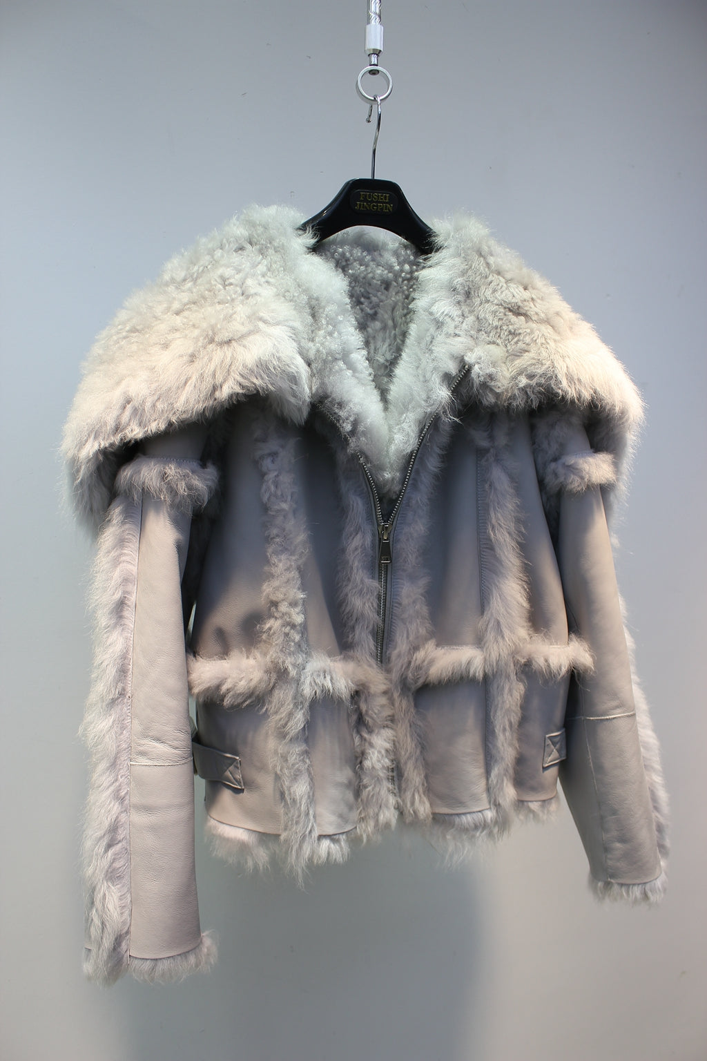 Tuscan sheepskin one-piece navy collar biker short fur coat