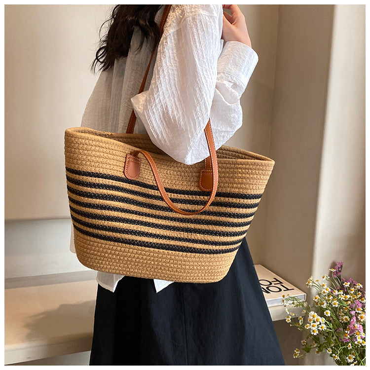 Woven Contrast Stripe Beach Bag