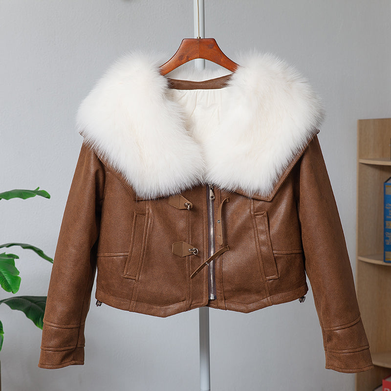 Fox Fur Motorcycle Jacket Large Fur Collar Leather