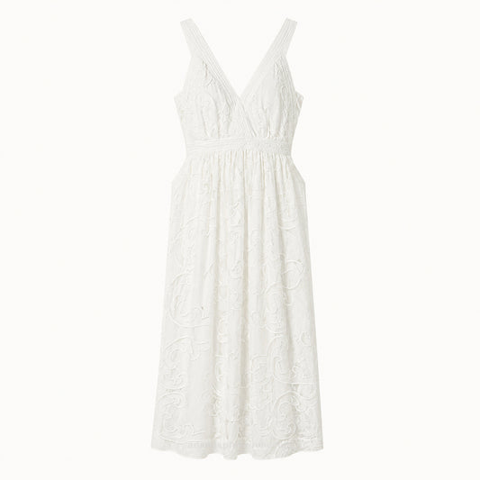 Embroidered V-Neck Midi Dress
