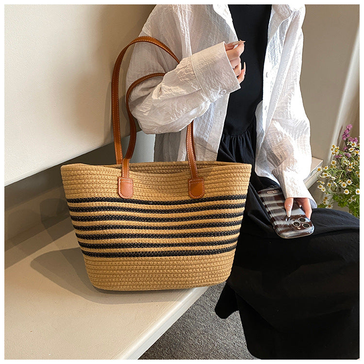 Woven Contrast Stripe Beach Bag
