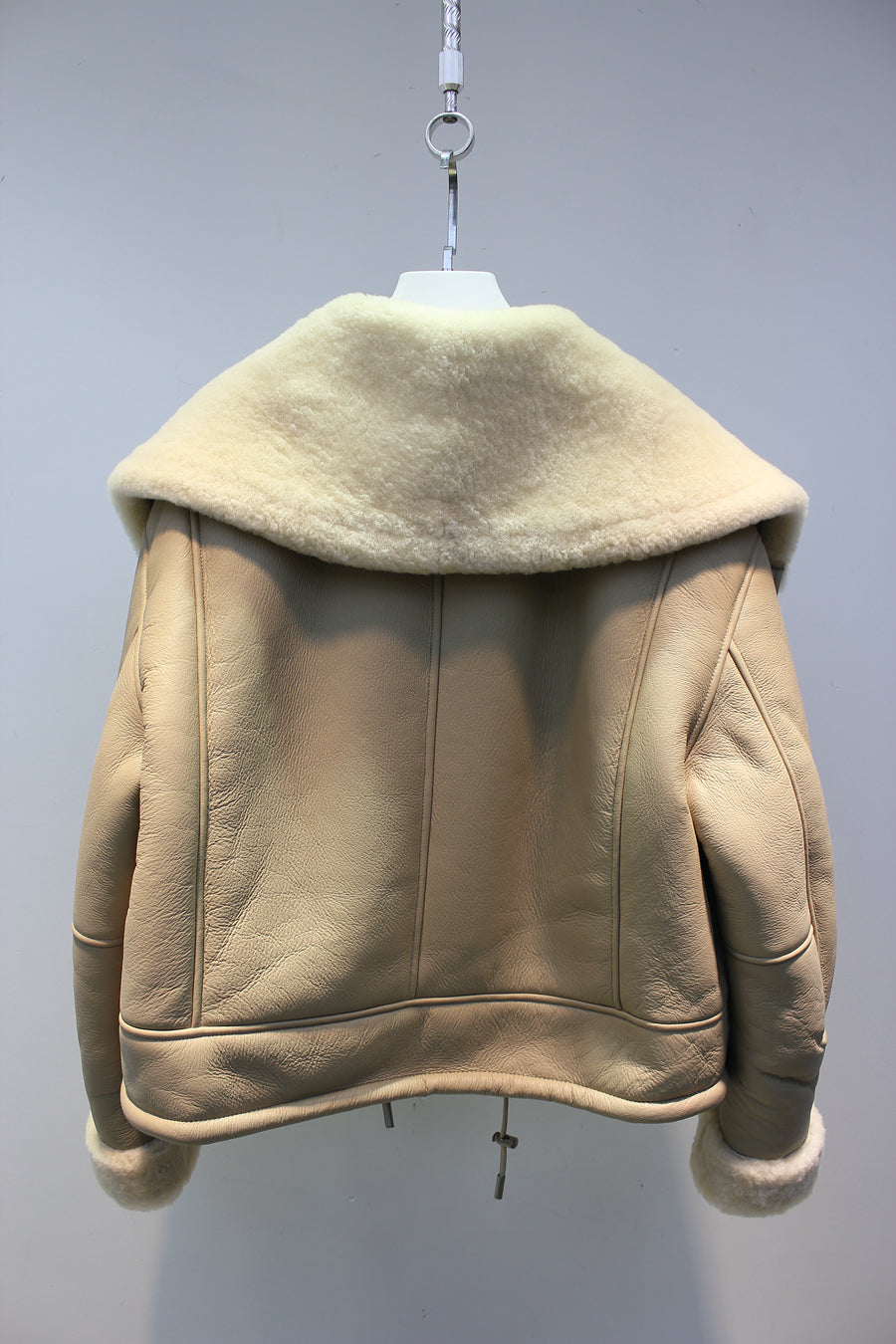 Lmported sheepskin one-piece large lapel motorcycle jacket lambswool coat