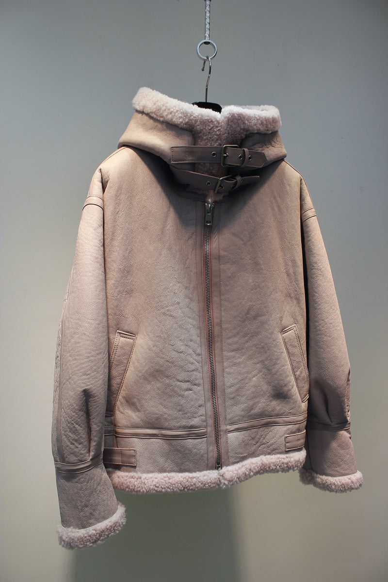 Lmported sheepskin one-piece Korean style hooded flight suit jacket