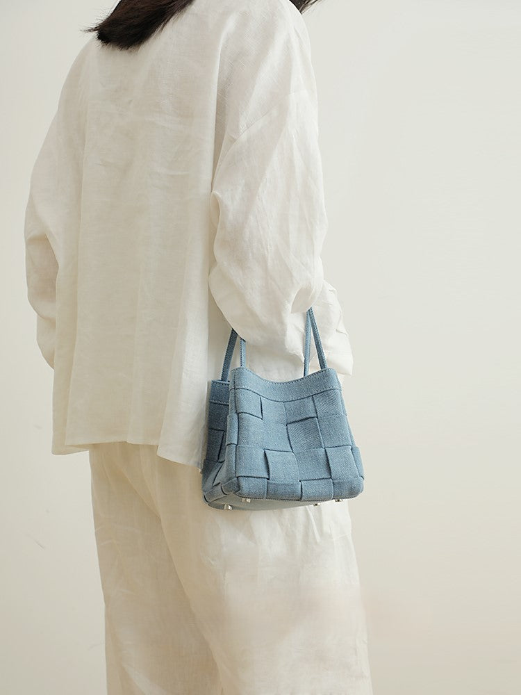 Denim and leather bucket bag