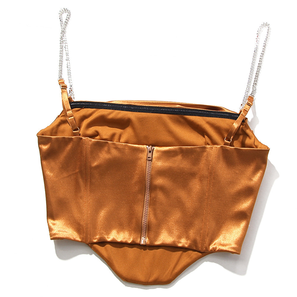 Satin and rhinestone strap midriff-baring slim-fit outer bra