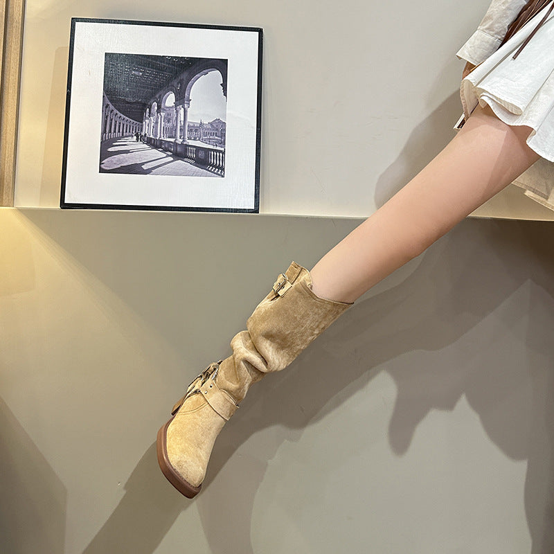 Knight suede block heel square toe high boots
