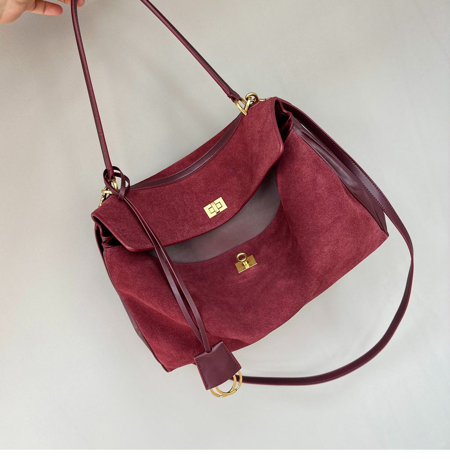 Suede stitching layered leather Kelly bag