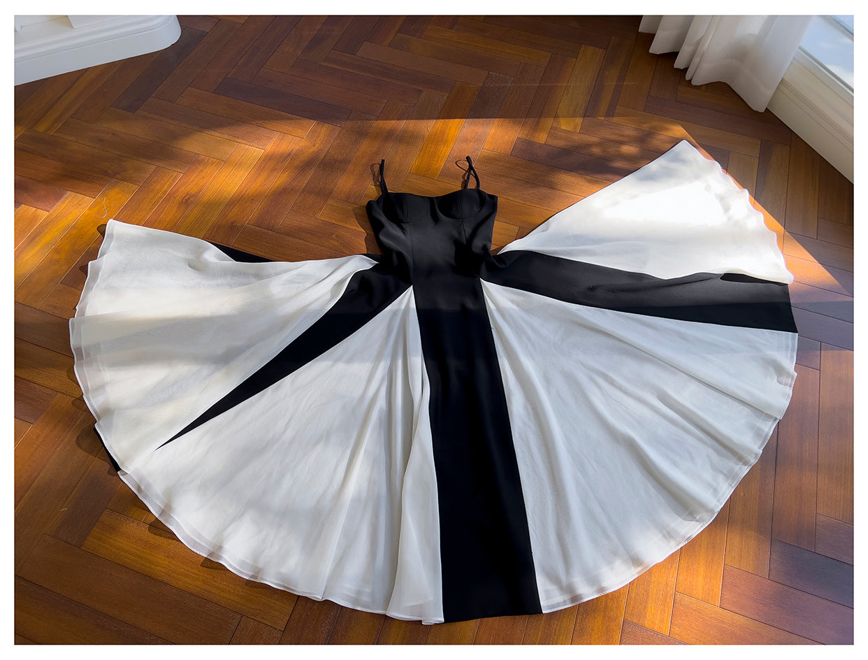 Black and white twill woven chiffon patchwork suspender long skirt