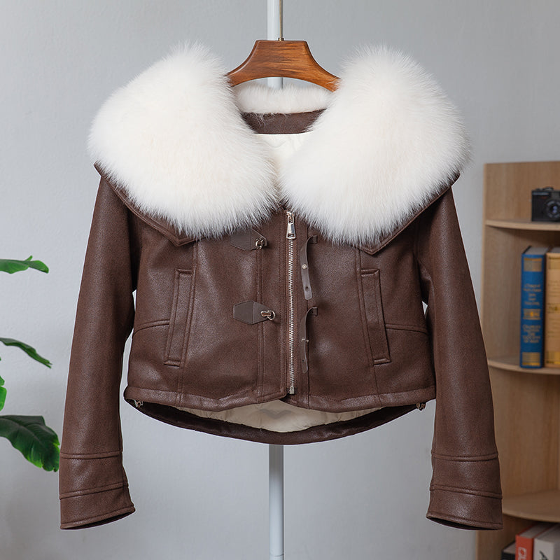 Fox Fur Motorcycle Jacket Large Fur Collar Leather