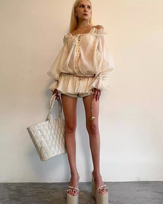 One-shoulder lantern sleeve lace-up top