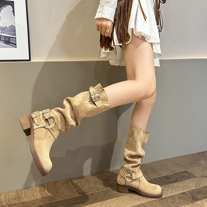 Knight suede block heel square toe high boots