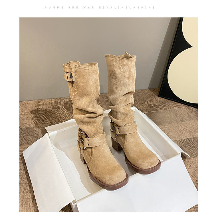 Knight suede block heel square toe high boots