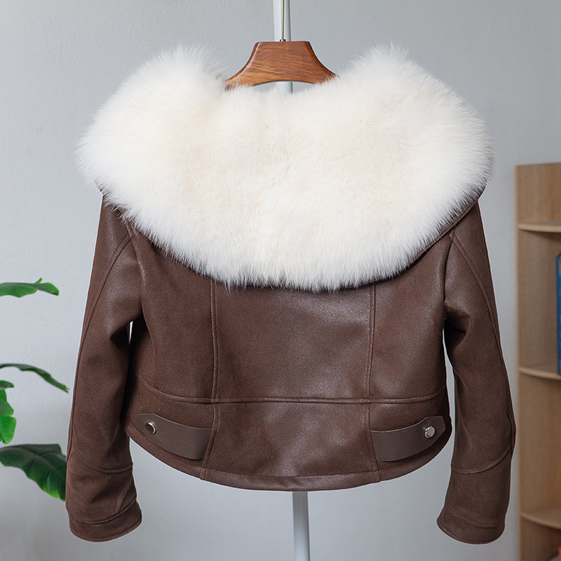 Fox Fur Motorcycle Jacket Large Fur Collar Leather