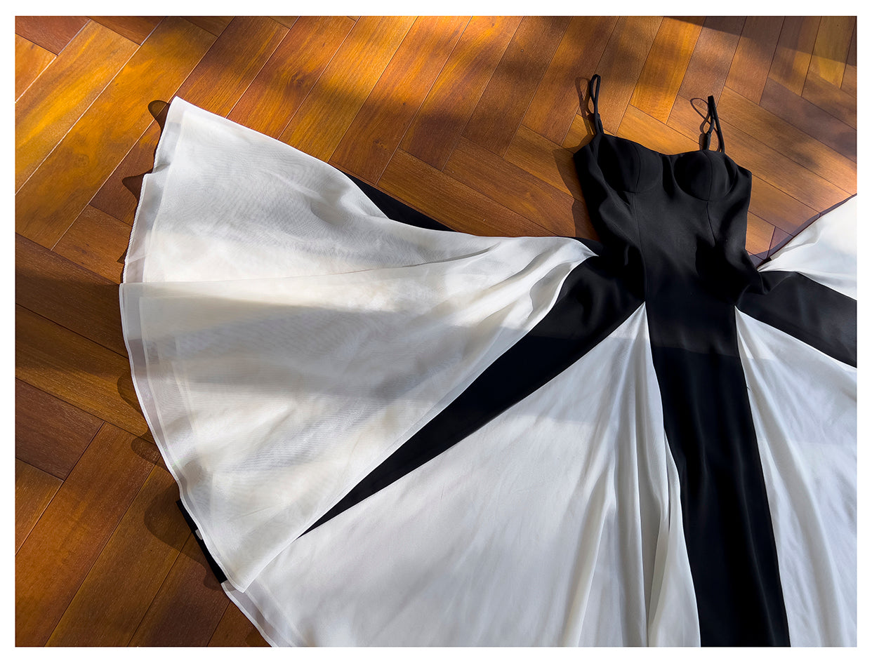 Black and white twill woven chiffon patchwork suspender long skirt