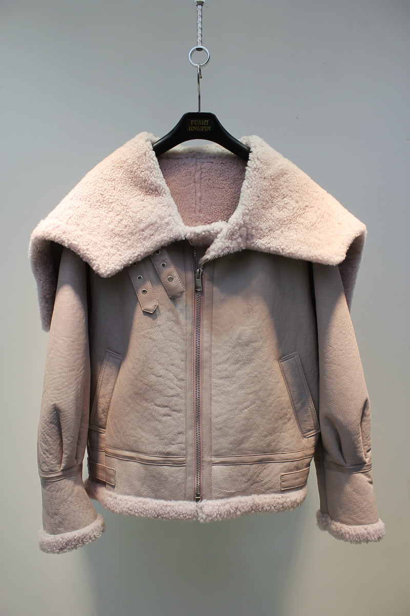 Lmported sheepskin one-piece Korean style hooded flight suit jacket