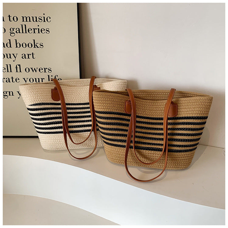 Woven Contrast Stripe Beach Bag