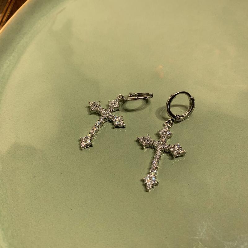 Sparkling Diamond Cross Earrings Stacked with Pink Earrings