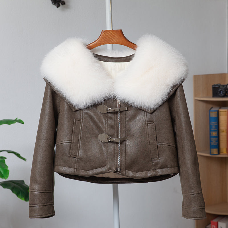Fox Fur Motorcycle Jacket Large Fur Collar Leather