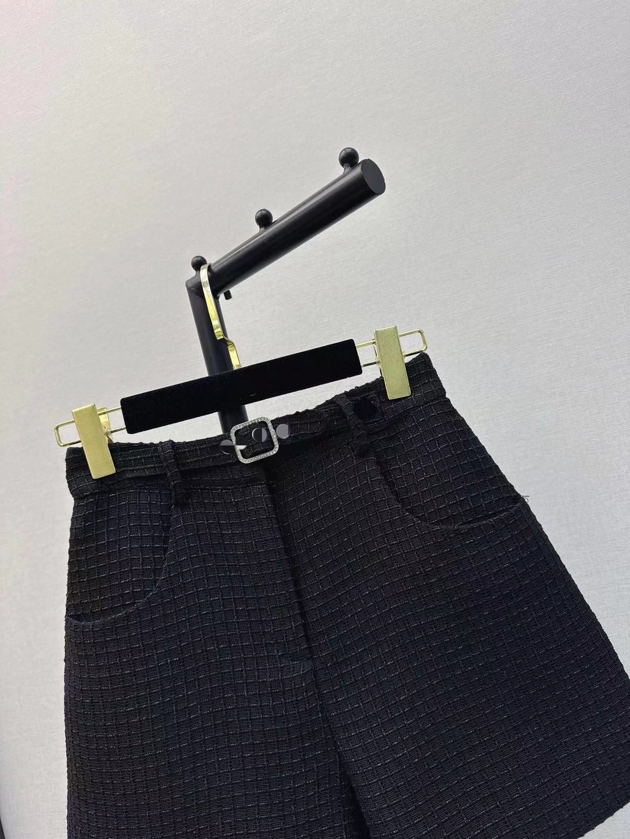 Tweed Lapel Double Pocket Tank Top High Waist Shorts Set